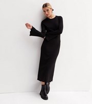 New Look Black Ribbed Flared Sleeve Midi Dress